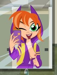 1girls ;p barbara_gordon bathroom breasts dc dc_comics dc_super_hero_girls exhibitionism female female_only flashing flashing_breasts ginger green_eyes hentainador hoodie mirror_selfie no_bra phone selfie solo tongue_out wink