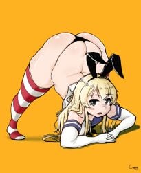 animal_ears ass_cleavage bangs black_panties blonde_hair blush bottom_heavy bursting_ass butt_crack elbow_gloves eyebrows_visible_through_hair female full_body gloves hair_between_eyes hair_over_shoulder hairband hands_on_ground highres huge_ass huge_thighs jack-o'_challenge kantai_collection long_hair looking_at_viewer looking_to_the_side meme no_shoes open_mouth orange_background panties rabbit_ears sailor_collar school_uniform shadow shigekikkusu shimakaze_(kantai_collection) signature simple_background skindentation small_breasts solo spread_legs striped striped_legwear thick_thighs thighhighs thighs top-down_bottom-up undersized_clothes underwear white_gloves