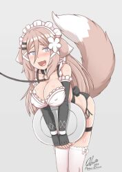 1girls artist_signature aster-effect big_breasts blush collar femsub happy_sub kemonomimi leash maid maid_headdress maid_uniform pokies shirley_(aster-effect) side_tie_panties solo_female submissive_female willing_sub wolf_ears wolf_girl wolf_tail