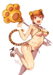 1girls :d animal_ears animal_print bikini black_footwear blush breasts commentary_request extra_ears fate/grand_order fate_(series) female female_only fujimura_taiga high_heels highres jaguarman_(fate) large_breasts looking_at_viewer micro_bikini navel nekomata_naomi oerba_yun_fang open_mouth orange_eyes orange_hair paw_stick print_bikini ribs shoes short_hair side-tie_bikini simple_background skin_fang smile solo string_bikini swimsuit tail tiger_ears tiger_print tiger_tail v-shaped_eyebrows very_short_hair white_background year_of_the_tiger