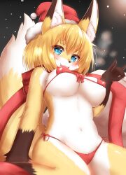 animal_ears anthro bikini blonde_hair blue_eyes breasts brown_fur cleavage covered_nipples eyebrows_visible_through_hair female fox_ears fox_girl fox_tail furry furry_female hat highres horokusa_(korai) korai large_breasts looking_at_viewer no_humans original red_bikini red_headwear santa_bikini santa_hat short_hair solo swimsuit tail white_fur