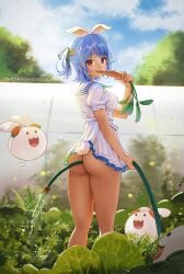 1girls 2d animal_ears back bare_ass bare_legs bare_thighs big_ass big_breasts blue_hair bottomless bubble_butt bunny_ears bunny_tail carrot dress female female_focus female_only greatodoggo hi_res hololive hololive_fantasy hololive_japan looking_at_viewer looking_back nipple_bulge outdoors short_dress short_hair solo solo_female solo_focus thick_thighs thighs twintails usada_pekora virtual_youtuber