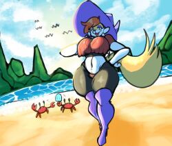 anthro beach big_breasts braixen front_view lucas_(pokebraix) midriff nintendo original_character pokémon_(species) pokebraix pokemon pokemon_(species) popsicle tagme thick_thighs