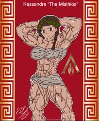 abs assassin's_creed_odyssey big_muscles brown_eyes brown_hair danodrawings dark-skinned_female dated drawing huge_muscles kassandra muscle muscles muscular muscular_female red_background toned_female toned_stomach vascular veins veiny_muscles