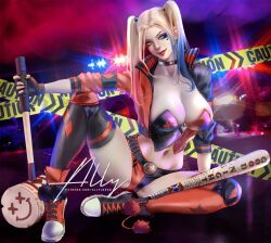 ally_loren baseball_bat bat_(object) batman_(series) blonde_hair breasts bust bustier busty cleavage dc dc_comics hammer harley_quinn jacket lights lipstick makeup mallet multicolored_hair police_tape posing shorts sitting smile twintails white_skin