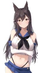 absurdres animal_ears arm_under_breasts atago_(azur_lane) azur_lane bangs bare_shoulders black_hair black_neckerchief black_thong blue_sailor_collar blue_skirt breasts brown_eyes collarbone cosplay cowboy_shot elbow_gloves extra_ears eyebrows_visible_through_hair female gloves hair_ribbon highres kantai_collection large_breasts long_hair looking_at_viewer microskirt midriff navel neckerchief ribbon sailor_collar shimakaze_(kantai_collection) shimakaze_(kantai_collection)_(cosplay) shirt sidelocks simple_background skirt smile solo steeb thong white_background white_gloves white_ribbon white_shirt