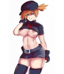 areola areola_slip areolae breasts cap earrings enemy_conversion gloves hat kasumi_(pokemon) looking_at_viewer navel nipple_bulge orange_hair pokeball pokemon pokemon_outlaw simple_background sivildreams skirt smile solo solo_female team_rocket thick_thighs thighhighs tomboy underboob white_background