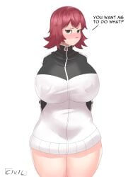 big_breasts blush bottomless breasts civildreams english_text front_view hoodie huge_breasts jacket kim_pine large_breasts looking_at_viewer nipple_bulge red_hair scott_pilgrim short_hair simple_background sivildreams solo solo_female standing text white_background