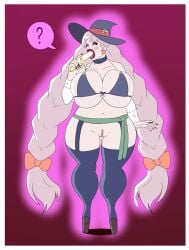 annon ass_visible_through_thighs banana bimbo bra choker closed_eyes earrings garter_belt hat high_heels hood huge_ass huge_breasts jasminka_antonenko little_witch_academia long_fingernails nipples red_eyeshadow red_lipstick see-through thick_lips thick_thighs wide_hips witch_hat