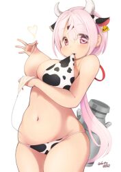 animal_ears animal_print bangs bikini blush bovine breasts cow_ears cow_girl cow_horns cow_print cow_tail deto ear_tag eyebrows_visible_through_hair female female hair_ornament hair_ribbon hairclip highres horns large_breasts long_hair looking_at_viewer low_ponytail milk_churn mouth_hold nijisanji nipple_pull nipples one_breast_out pink_eyes pink_hair ponytail print_bikini red_eyes ribbon shiina_yuika signature simple_background solo swimsuit tail twitter_username virtual_youtuber white_background