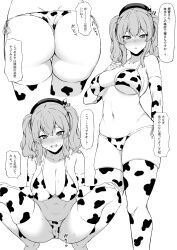 absurdres animal_print ass beret bikini blush breasts cameltoe cleavage collarbone cow_print elbow_gloves eyebrows_visible_through_hair female gloves greyscale hair_between_eyes hat highres japanese_text kantai_collection kashima_(kantai_collection) large_breasts long_hair looking_at_viewer monochrome multiple_views navel open_mouth parted_lips squatting standing sweat swimsuit takaman_(gaffe) text thighhighs translated twintails