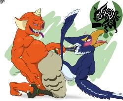 absurd_res anthro anthro_only ass avian belly big_belly big_butt bird blin_(tloz) bodily_fluids bokoblin breath_of_the_wild drooling duo fucked_silly furry furry_only hair heart hi_res male male/male male_only nintendo pecs penetration pizzaozzy_(artist) protagonistsub_antagonistdom pulling_hair revali rito saliva stomach_bulge the_legend_of_zelda touching_hair ugly_man video_games