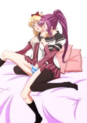 2girls blonde_hair blue_eyes blush breast_grab closed_eyes fingering grabbing groping hand_in_another's_panties hand_in_panties highres layered_sleeves long_sleeves multiple_girls nanamori_school_uniform panties pantyhose ponytail purple_hair school_uniform serafuku short_over_long_sleeves short_sleeves striped striped_panties sugiura_ayano tatsuya_(guild_plus) toshinou_kyouko underwear yuri yuru_yuri