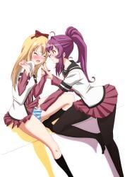 2girls ahoge black_legwear blonde_hair blush bow closed_eyes fingering hairbow hand_in_panties highres layered_sleeves legs long_sleeves multiple_girls nanamori_school_uniform open_mouth panties pantyhose ponytail purple_hair school_uniform serafuku short_over_long_sleeves short_sleeves simple_background striped striped_panties sugiura_ayano tatsuya_(guild_plus) toshinou_kyouko underwear white_background yuri yuru_yuri