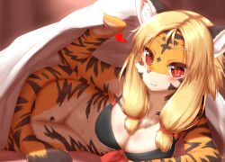 :3 animal_ears anthro black_bra blanket blonde_hair blush bottomless bra breasts cleavage closed_mouth eyebrows_visible_through_hair fang fang_out female furry furry_female heart highres horokusa_(korai) inviting_under_covers korai large_breasts looking_at_viewer lying medium_hair no_humans on_side orange_fur original red_eyes smile solo tail tiger_ears tiger_girl tiger_tail underwear white_fur