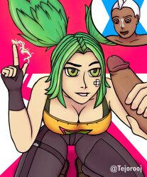 big_breasts big_penis biting_lip black_penis breasts dark-skinned_male ekko electricity fingerless_gloves green_eyes green_hair handjob interracial league_of_legends league_of_legends:_wild_rift looking_at_penis penis riot_games simple_background tejorooj thick_thighs thighs vein veiny_penis zeri_(league_of_legends)