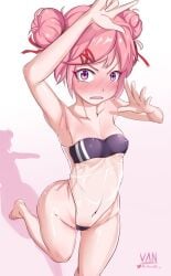 1girls accessory artist_name blush breasts cute doki_doki_literature_club double_bun embarrassed erect_nipples erect_nipples_under_clothes fang female female_solo gris_swimsuit hair_accessory hair_bun hair_buns hair_ornament hairclip light-skinned_female light_skin lip_fang looking_at_viewer matching_hair/eyes natsuki_(doki_doki_literature_club) navel nose_blush pink_background pink_eyes pink_hair red_hair_ornament red_hairclip shadow shiny shiny_skin short_hair small_breasts solo solo_female swimsuit tears thighs tied_hair transparent_clothing twintails vaniste