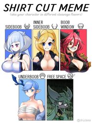 5girls big_breasts breasts cleavage crying cz_(anstjrwn2758) female funny huge_breasts humor meme original original_character pointy_ears sad seductive sharp_teeth shirt_cut_meme smile tear tears teeth