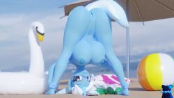 3d 3d_(artwork) anatid anseriform anserinae avian ball beach_ball bent_over big_breasts bird blue_body blue_fur breasts digital_media_(artwork) equid equine female friendship_is_magic fur genitals hasbro hi_res horn inflatable looking_at_viewer mammal my_little_pony nude nyaasapphire purple_eyes pussy solo swan trixie_(mlp) unicorn