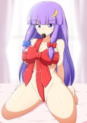 big_breasts breasts eyebrows eyebrows_visible_through_hair eyelashes female female_only gift gift_wrapped human kagayama_hajime kneeling patchouli_knowledge purple_eyes ribbon ribboned_body solo solo_female tagme touhou white_sclera wrapped