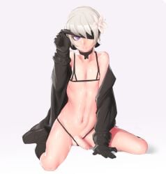 1boy androgynous balls cum erection femboy foreskin girly gloves higher_resolution_duplicate light-skinned_male light_skin looking_at_viewer male male_focus male_only necrosmos nier nier:_automata penis precum solo solo_male sweat testicles trap uncut underwear white_hair yorha_9s