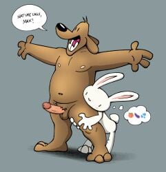 2boys anthro balls canid canine canis domestic_dog duo emoji erection gay genitals hi_res humanoid_genitalia humanoid_penis lagomorph leg_hug leporid male male_only mammal max_(sam_and_max) nude penis rabbit sam_and_max samuel_dog sweaciabic yaoi