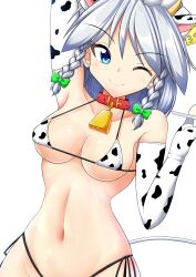 bikini breast_expansion cow_print female kagayama_hajime maid medium_breasts sakuya_izayoi silver_hair touhou