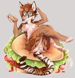 breast burger feline female female_only fur furry furry_ears furry_only furry_tail hot_dog nipples nude nude_female paws pussy reptilies-conder solo solo_female