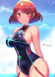 1girls blush chinchongcha hands_behind hands_behind_back pyra red_eyes red_hair smile smiling swimsuit swimwear xenoblade_(series) xenoblade_chronicles_2