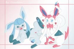 balls blush canid canine cloudeonn duo eeveelution erection feral genitals glaceon hi_res male male/male male_only male_sylveon mammal nintendo open_mouth penis pokémon_(species) pokemon pokemon_(species) ribbons simple_background sylveon video_games