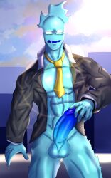 abs blue_fire blue_penis blue_skin dick erect_penis fire_hair fnf_entity fnf_mods friday_night_funkin friday_night_funkin_mod gay glasses male male_only muscular necktie ninjagreen99 no_pants open_jacket pupilless_eyes sky solazar_(sugarratio) sunlight white_eyes