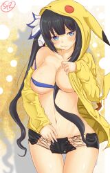 black_hair blue_eyes blue_ribbon breasts cosplay creatures_(company) dungeon_ni_deai_wo_motomeru_no_wa_machigatteiru_darou_ka female female_focus game_freak gen_1_pokemon hair_ribbon hestia_(danmachi) highres hood hoodie large_breasts long_hair looking_at_viewer nintendo open_clothes open_hoodie pikachu pikachu_(cosplay) pokemon pokemon_(cosplay) rei_no_himo ribbon solo solo_female spiz twintails yellow_theme