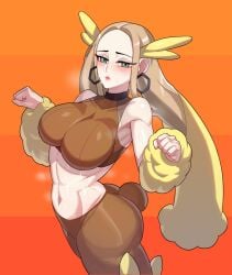 1girls big_breasts breasts clothed clothing cosplay drunkoak earrings game_freak green_eyes hexagon_earrings lopunny_(cosplay) midriff nintendo oleana_(pokemon) orange_background platinum_blonde_hair pokemon pokemon_(cosplay) pokemon_ss solo solo_female steam sweat