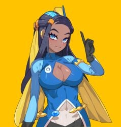 black_hair blue_eyes boob_window breasts clothed clothing cosplay dark-skinned_female dark_skin drunkoak game_freak inteleon_(cosplay) nessa_(pokemon) nintendo pointing_up pokemon pokemon_(cosplay) pokemon_ss solo solo_female sweat yellow_background