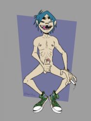 1boy 2020 2d_(gorillaz) bad_teeth blue_hair british cigarette converse converse_shoes feet_together_knees_apart gorillaz hand_on_penis leaking_precum male_masturbation male_only masturbation naked naked_footwear no_clothes nude nude_male open_mouth penis smoking solo_focus solo_male spread_legs squinting thick_eyebrows