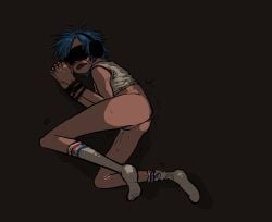 2d_(gorillaz) abandoned blindfold blue_hair cum_on_body gorillaz headphones knee_socks no_pants no_underwear open_mouth restrained restrained_wrists sensory_deprivation shivering solo_male tube_socks