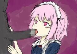 black_souls censored censored_genitalia censored_penis eyebrows_visible_through_hair female female_focus flat_chest flat_chested game_cg grimm_(black_souls) imminent_oral licking_penis maid maid_headdress maid_uniform male mosaic_censoring penis pink_hair png red_ribbon short_hair simple_background straight sushi_yuusha_toro tongue tongue_out undead victoria_(black_souls)