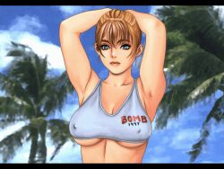 1girls :d animated aprel_o'gin armpits arms_behind_head arms_up bangs blonde_hair blue_eyes bouncing_breasts breasts bust cleavage clothes_writing clothing_writing cloud covered_nipples crop_top english erect_nipples face female floyd-steinberg_dithering game_cg gif grin hair hair_between_eyes hot_gimmick humanoid large_breasts letterboxed lips lipstick looking_at_viewer makeup midriff naughty_face nipples no_bra open_mouth outdoors photo_background pose public_nudity shirt_lift short_hair sky smile solo taisen_hot_gimmick tank_top third-party_edit tsukasa_jun underboob undressing