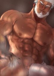 1boy abs aegir_(tokyo_afterschool_summoners) aqua_hair bara beard blue_eyes blush bulge cowboy_shot dark-skinned_male dark_skin erection erection_under_clothes facial_hair from_below highres large_pectorals looking_at_viewer makoto_kidai male male_focus male_only male_pubic_hair mature_male multicolored_hair muscular muscular_male naked_towel navel nipples pectorals penis penis_peek pubic_hair sauna short_hair smile solo steam stomach streaked_hair sweat thick_thighs thighs tokyo_afterschool_summoners topless_male towel wet white_hair