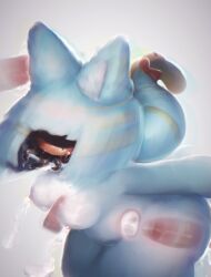 anthro auntie_nyan_nyan bangs black_pupils blonde_hair blue_body blue_ears blue_fur blue_hair bodily_fluids breast_play breasts cthulhu_mythos cum cum_in_pussy cum_inside cum_on_breasts cum_on_ear cyclops disembodied_penis domestic_cat ear_penetration eldritch_horror felid feline felis female fur genital_fluids genitals h.p._lovecraft hair half-closed_eyes hands_behind_back hi_res hybrid internal kemo_priestess lactating looking_at_viewer male mammal narrowed_eyes nipples nyanlathotep paizuri penetration penis pink_nipples pupils red_sclera ribbons saliva sex short_hair slightly_chubby slit_pupils solo sucker_for_love tears tentacle titjob video_games white_body white_fur white_inner_ear yellow_body yellow_eyes yellow_fur