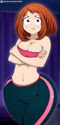 1girls 2021 artist_name blush brown_eyes brown_hair female female_focus highres looking_at_viewer my_hero_academia ochako_uraraka pink_nails pouting short_hair solo sports_bra stomach thighs watermark web_address white_skin wide_hips yoga_pants zonen404