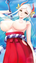 1girls blue_hair breasts bukkake cum cum_in_mouth cum_on_breasts edwardapcychu female female_only green_hair hakama holding_weapon horns huge_breasts long_hair looking_at_viewer multicolored_hair nipples nude one_piece orange_eyes red_horn red_horns vagina very_long_hair white_hair yamato_(one_piece)