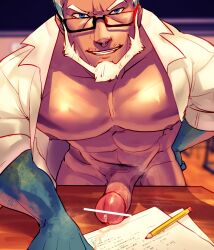 1boy abs bar_censor bara bare_pectorals beard blue_eyes censored dark-skinned_male dark_skin erection facial_hair fins foreshortening glasses haidan_(uni0421) highres large_pectorals large_penis leaning_forward looking_at_viewer male male_focus male_only mature_male multicolored_hair muscular muscular_male naked_shirt navel nipples open_clothes open_shirt pectorals pencil penis pov precum precum_drip sean_leddy_(barbara_chilton) seductive_smile shirt short_hair smile solo stomach streaked_hair table teacher test tokyo_afterschool_summoners white_hair