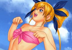 :o animated bandeau bare_shoulders big_breasts bikini blonde_hair blue_eyes blush bouncing_breasts breast_expansion breasts bust cloud dutch_angle erect_nipples flat_chest front-tie_top frown gif gunbird hair_ribbon long_hair marion medium_breasts nipples open_mouth outdoors pointing public_nudity ribbon sky smile surprised swimsuit taisen_hot_gimmick third-party_edit tied_hair topless tsukasa_jun twintails wardrobe_malfunction