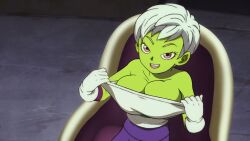 1girls accurate_art_style alien_human alien_look_like_human big_breasts breasts cheelai cleavage clothed clothing curvy_milf dragon_ball dragon_ball_super dragon_ball_z edit extraterrestrial extraterrestrial_human female gloves green_skin looking_at_viewer looking_up milf no_bra presenting presenting_breasts rawhell screencap screenshot screenshot_edit solo white_hair