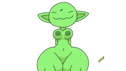 animated belly closed_eyes colored female goblin goblin_female green_body green_skin grin hi_res humanoid humanoid_pointy_ears navel plap riding smile solo text thebombshell5 thick_thighs