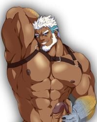 1boy abs aegir_(tokyo_afterschool_summoners) aqua_hair arm_behind_head armpits bad_id bad_twitter_id bara bare_pectorals beard blue_eyes bottomless chest_harness dark-skinned_male dark_skin erection facial_hair fins harness kito_(clamp5656) large_pectorals large_penis looking_at_viewer male male_focus male_only mature_male multicolored_hair muscular muscular_male nipples pectorals penis short_hair smirk solo stomach streaked_hair thick_eyebrows tokyo_afterschool_summoners uncensored upper_body white_hair