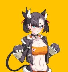 asymmetrical_bangs bangs black_hair blue_eyes breasts choker cosplay drunkoak eyeshadow game_freak horns houndoom_(cosplay) jacket makeup marnie_(pokemon) midriff nintendo paw_gloves paw_pose pokemon pokemon_(cosplay) pokemon_ss red_eyeshadow solo solo_female w_arms yellow_background