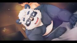 2022 anthro barely_visible_genitalia barely_visible_penis bed black_nose blush detailed_background duo eyewear furniture genitals giant_panda glasses hi_res human human_on_anthro humanoid_hands inside interspecies kemono male male/male mammal overweight overweight_male penis sasayama_akira sex tasty_cheeeeese ursid virtual_youtuber