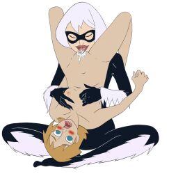 2girls antiheroine ashmount black_cat_(marvel) black_cat_(spectacular) blonde blonde_female blue_eyes blush blushing bodysuit breast_fondling breast_grab breasts clawed_fingers claws clothed_female_nude_female colored crossed_legs cunnilingus domino_mask felicia_hardy female female/female female_focus female_only fully_clothed fur fur_trim human human_only in_lap jesse_thompson licking licking_pussy light-skinned_female light_skin long_hair marvel naked naked_female open_mouth short_hair skin_tight skintight skintight_bodysuit sokko_(artist) spider-man_(series) the_spectacular_spider-man upside-down upside_down white_background white_hair yuri